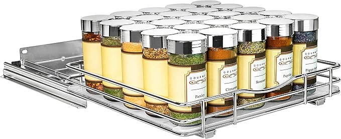 LYNK PROFESSIONAL® Pull Out Spice Rack Organizer for Inside Kitchen Cabinets - 10-3/8 inch Wide - Slide Out Drawer – Chrome Sliding Spice Cabinet Organization Shelf Racks - 1 Tier