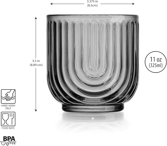 Glaver's Double Old Fashioned Rock Glasses, Set of 4 Smoke Black Whiskey Glasses, 11 oz Art Deco U-Shape Design Embossed Everyday Home Bar Glassware. Art Deco Elegant Kitchen Drinking Glasses.