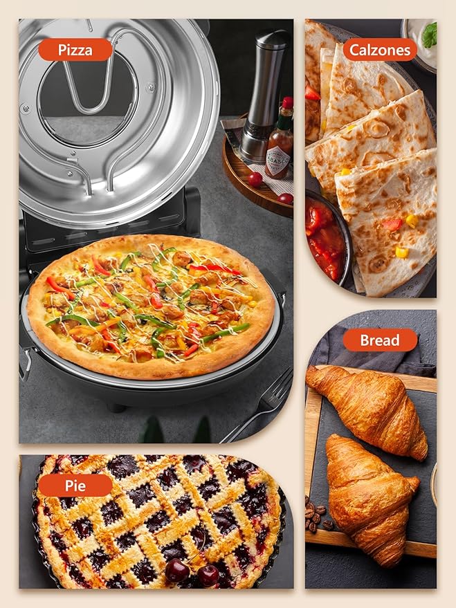 Electric Pizza Oven Indoor with Glazed Ceramic Stone, 12-Inch Portable Countertop Pizza Maker with Adjustable Timer, 1200W Heat up to 800°F Pizza Maker with Viewing Window for Home DIY Pizza