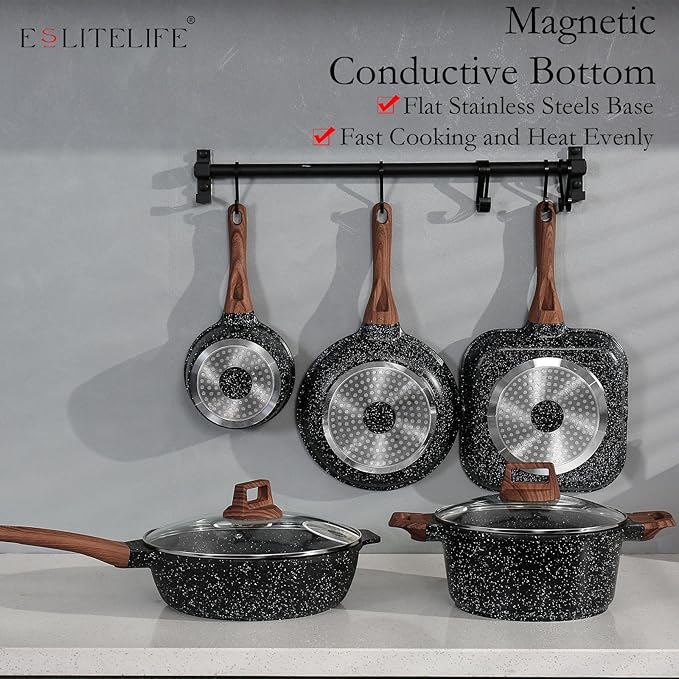 ESLITE LIFE Nonstick Cookware Sets, 12 Pcs Granite Coating Pots and Pans Set Kitchen Cooking Set, Compatible with All Stovetops (Gas, Electric & Induction), PFOA Free, Black