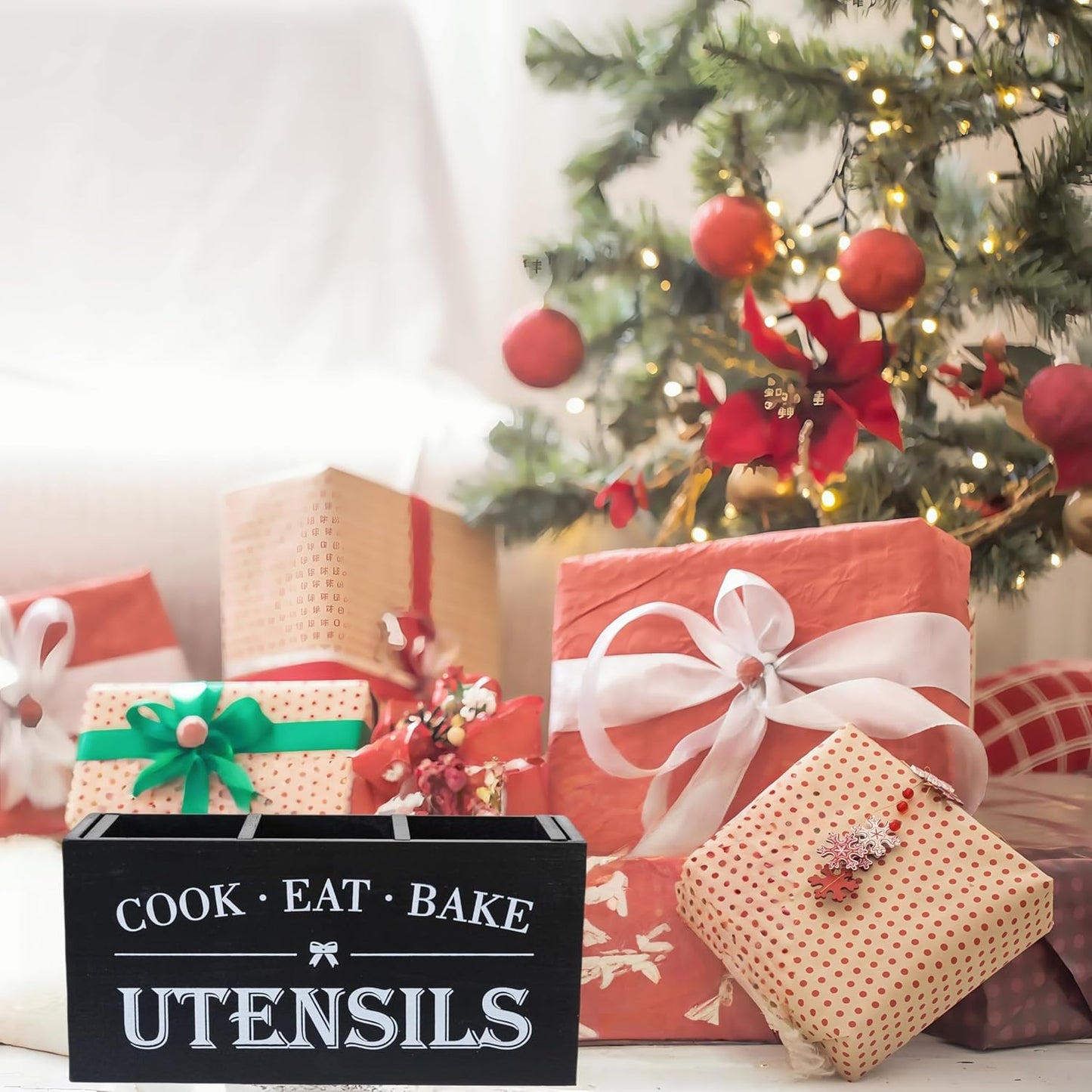 Utensil Holder,Large Wooden Utensil Holder For Kitchen Counter,Cooking Spatula Organizer,Big Storage Caddy With 3 Compartments Flatware Spoon Tool Cutlery(Black)