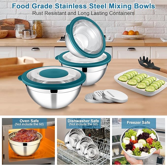 E-far Mixing Bowls with Lids and Graters, Stainless Steel Salad Mixing Bowl with Transparent Lid Set of 3, Metal Nesting Salad Storage for Kitchen Prepping/Serving/Baking, 4.6/2.6/1.5QT - Teal Blue