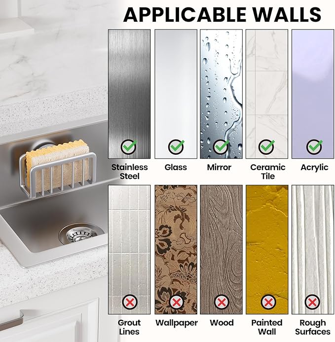 TAILI Sponge Holder for Kitchen Sink with Strong Suction Cup, Removable Sponge Holder, Rustproof Aluminum Sink Caddy for Sponges, Dish Brush - Silver