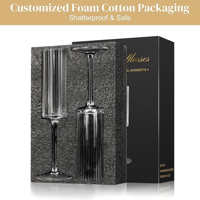 Topsky Ribbed Champagne Flutes Set of 2, 7 oz Crystal Champagne Glasses, Vintage Unique Ridged Design, Clear Mimosa Glasses, Cocktail or Wedding Toasting Glasses, Inner Stripe