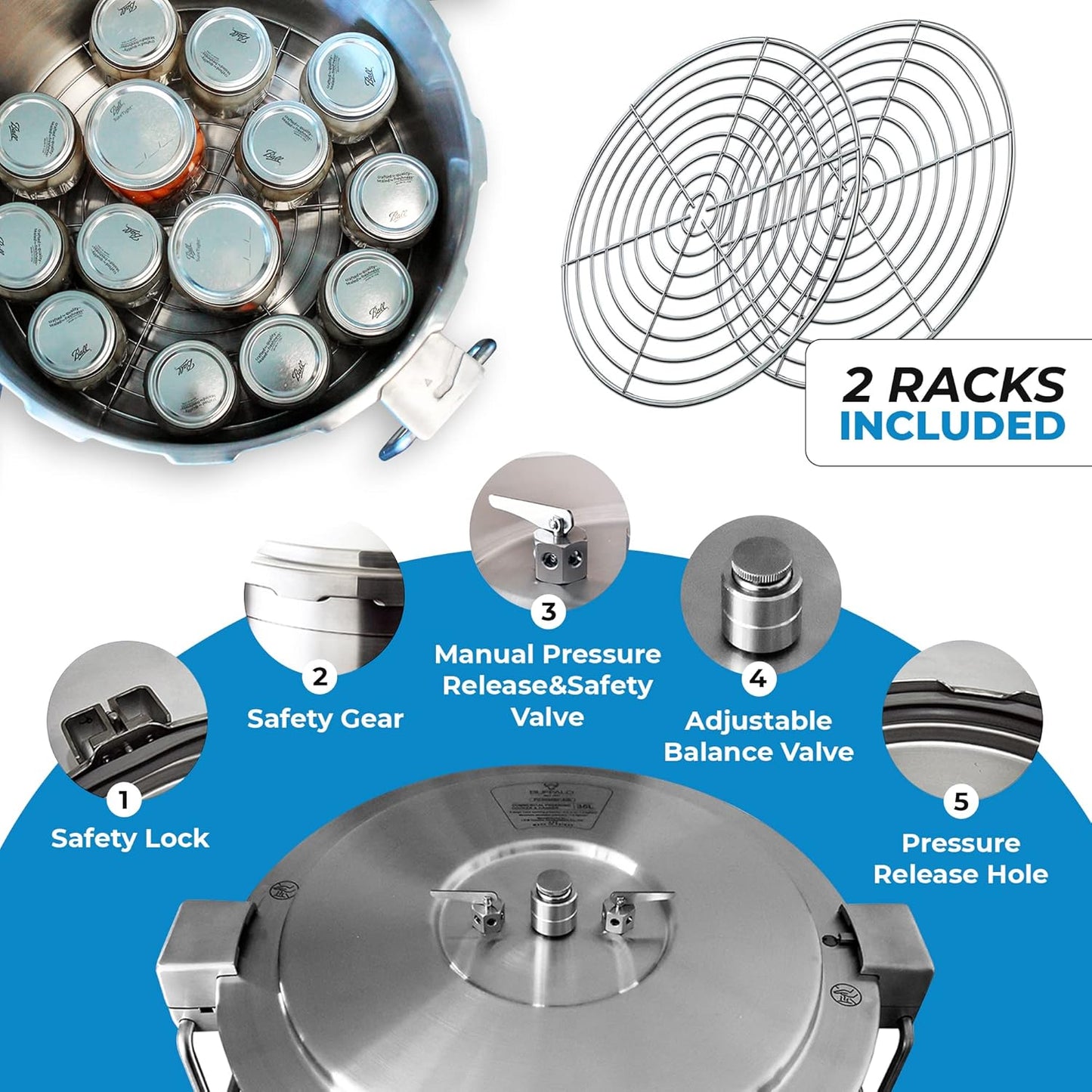 Buffalo 37 Quart Stainless Steel Pressure Cooker Extra Large Canning Pot with Rack and Lid for Commercial Use - Easy to Clean Stove Top Pressure Canner, Can Cooker - Safety Goods Certificate QCP435