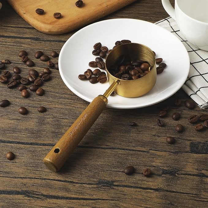 Measuring Cup with Wooden Handle, 1 Cup Titanium-plating 250ml Stainless Steel, Rose Gold