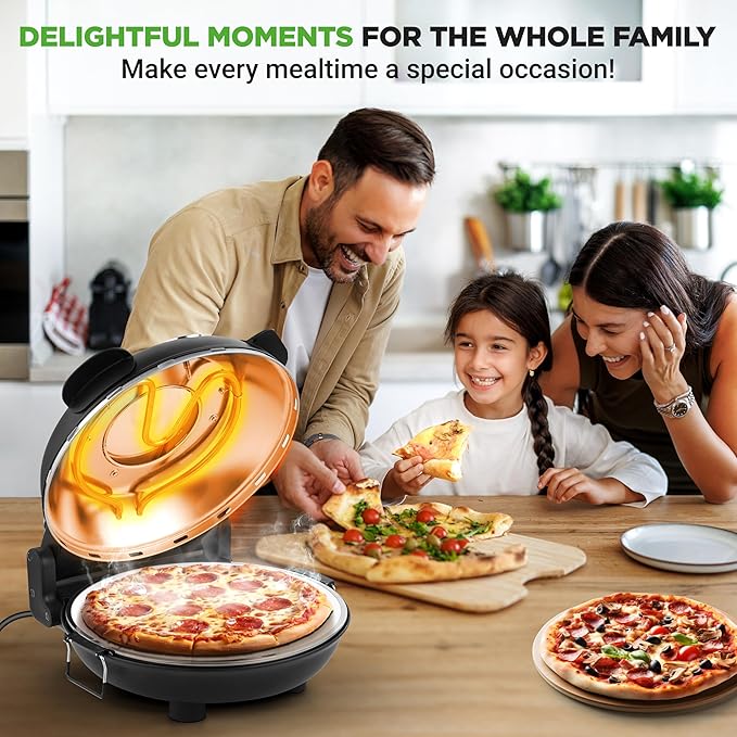 NutriChef Electric Pizza Oven | 1200W Countertop Pizza Maker with Temperature Control & Thermometer | Viewing Window for Precise Cooking | Heats up to 800˚F | Easy to Clean Non-Stick Coating (Black)