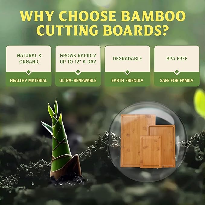 Carbonized Bamboo Cutting Board Set of 3 with Holder – Natural Reversible Kitchen, Charcuterie & Cheese Boards – Holiday Hosting Essentials. (S M L with Holder)