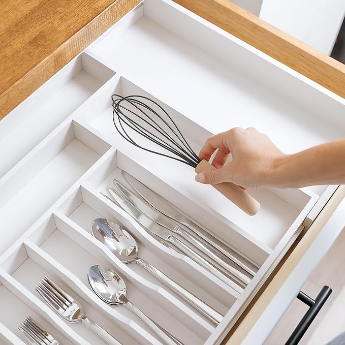 KitchenEdge Premium Silverware, Flatware and Utensil Organizer for Kitchen Drawers, Food-Safe Contract Grade, Expandable from 16 to 28 In, White Bamboo