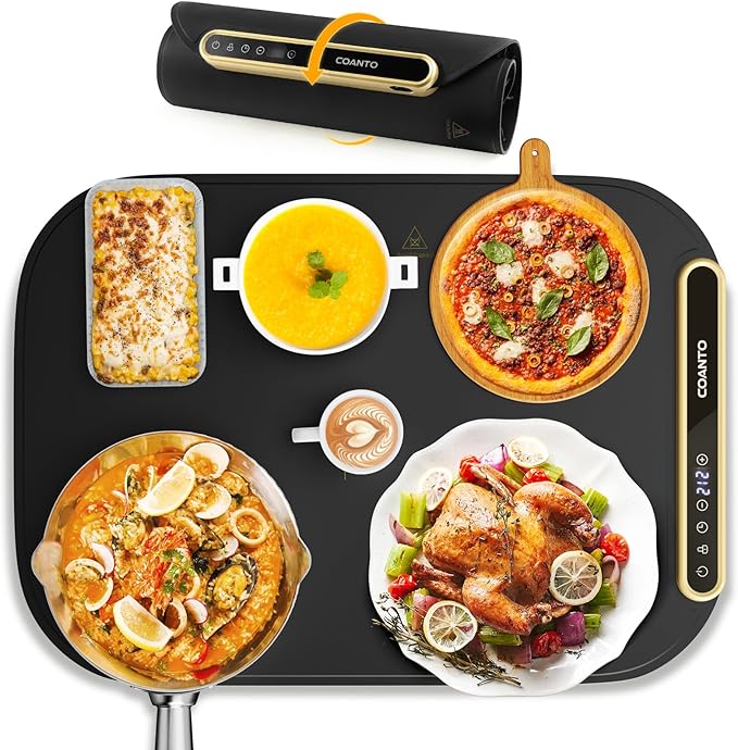 Coanto Food Warming Mat, Electric Warming Tray for Buffets & Parties, Silicone Heating Mat with 7 Temperature Settings, Roll-Up Storage, 17.91"x12.8", Black