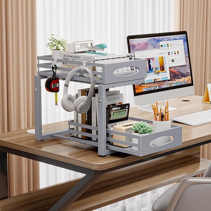 Under Sink Organizer, 2 Tier Under Sink Organizers and Storage, Adjustable Height, Slide Out Metal Cabinet Organizers, Pull Out Cabinet Storage Drawer Shelf for Kitchen Bathroom Gray, 1 Pack