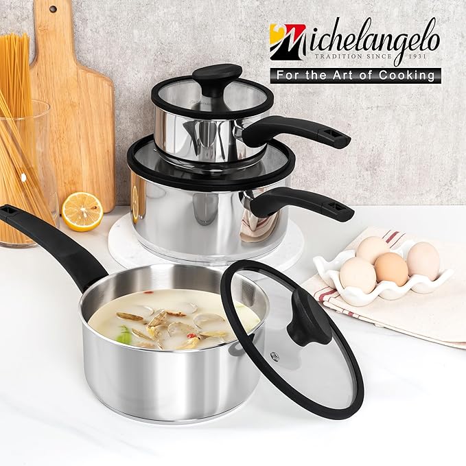 MICHELANGELO Stainless Steel Saucepan with Lid 1QT & 2QT & 3QT, Triply Stainless Steel Saucepans with Bakelite Handle, Premium Nonstick Sauce Pot Set for Kitchen Cooking, Induction Compatible