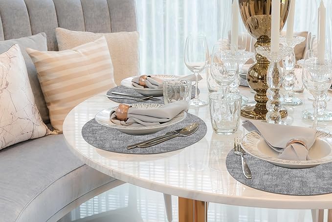 homing Round Faux Leather Placemat and Coaster 4 Packs, Washable Heat Resistant Dining Place Mats, Wipeable Double-Sided Table Mats for Indoor and Outdoor, Diameter 13 and 3.93 inch, Light Grey