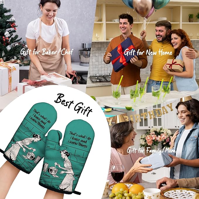 That's What I Do I Bake and I Know Things Funny Oven Mitts with Hanging Loop and Silicone Non-Slip, Housewife Baking Kitchen Utensils 2-Piece Set, Gifts for Bake Lover Mom Wife Sister