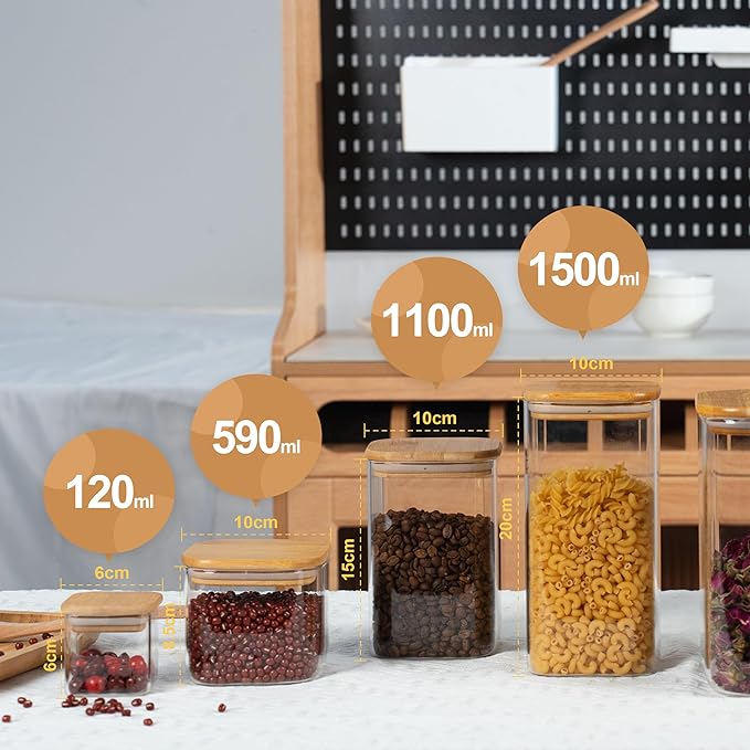 5oz Airtight Square Spice Containers with Bamboo Lid Set of 12 with Black Lables Storage Stackable Spice Jar, Kitchen Canister for Sugar, Tea, Flour, Salt and Seasonings (Clear Glass)