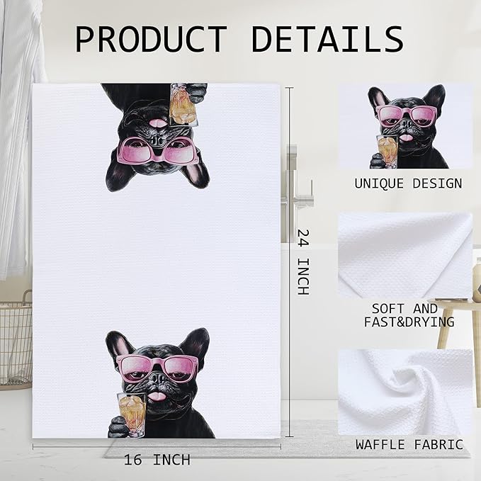 Cabana Bro Funny Cocktail Black French Bulldog Kitchen Towels, Gifts for French Bulldog Lovers, Frenchie Gifts Dish Tea Hand Towels for Kitchen Bar Cart Decor, Bar Towel for Bartender, 16x24 Inches