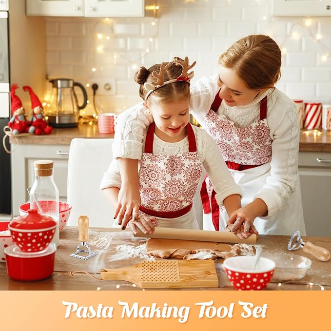 Tioncy 7 Pcs Pasta Making Tool Set Wood Gnocchi Board with Ravioli Stamp Ravioli Maker and Rolling Pin Homemade Gnocco Maker Kitchen Gift for Christmas Baking Lovers(Design Gnocchi Board Set)