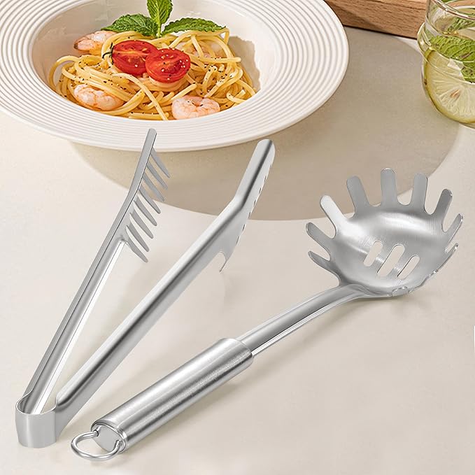 Pleafind Spaghetti Spoon and Spaghetti Tong - 12 Inch Extra-thick, Non-Stick Spaghetti Fork and Kitchen Tong, Easy Storage and Dishwasher Safe Utensils for Cooking, Ergonomic Design