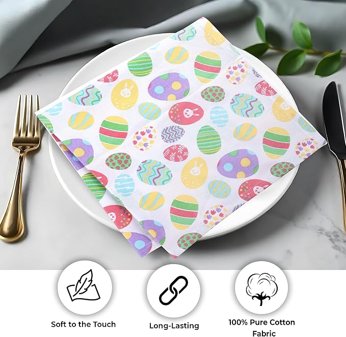 Urban Villa Easter Cloth Napkins Easter Eggs Print 100% Cotton Dinner Napkins Set of 12 (20x20 Inches) Highly Absorbent Soft Durable Washable Reuasble Ideal for Everyday Use Wedding Parties