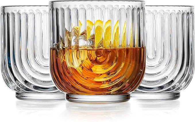 Glaver's Whiskey Glasses 11oz. Set of 4 Old Fashioned Bourbon Glasses. Ribbed Cocktail Arch Design Art Deco Bar Glassware for Whisky, Cocktails, Juice and Chilled Beverages.
