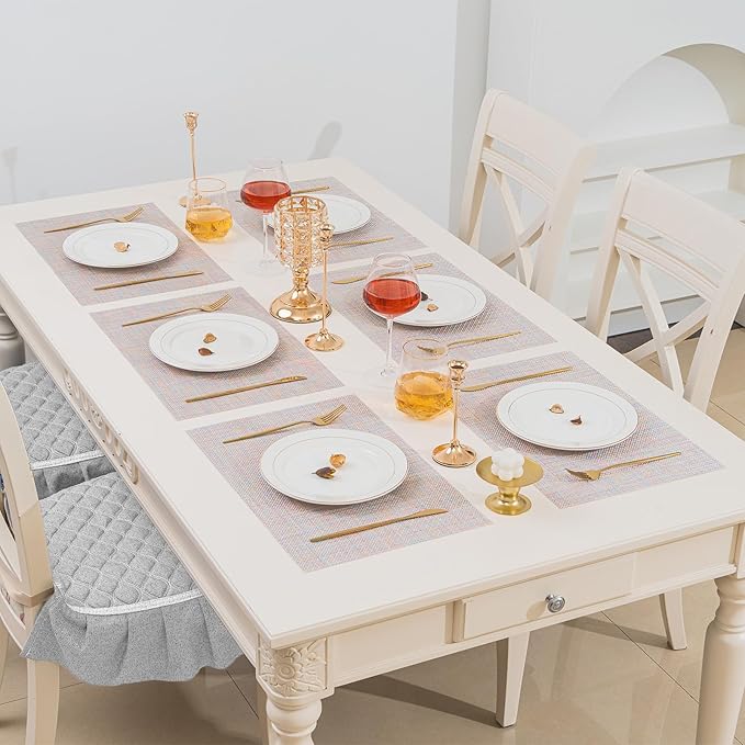 BACKTOEDEN Placemats Set of 8 Heat Resistant Washable Wipeable Placemat Woven Non-Slip Foldable Vinyl/Plastic Place Mats Indoor/Outdoor Mat Kitchen Dining Table Pad, Bright Silk Colorful