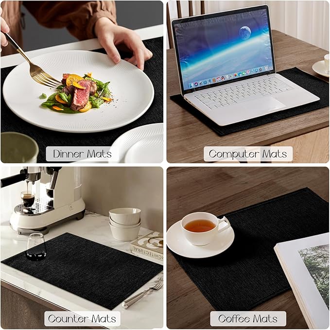 Romanstile Cloth Placemats Set of 8-12 x 18 Inch, Heat Resistant Double Layered Thickened Burlap Place Mats, Washable Faux Linen Farmhouse Table Mats for Kitchen/Dining/Party/Outdoor, Black