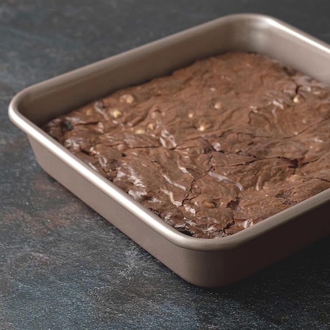 HAPPIELS Nonstick 9x9 Baking Pan | PFOA & BPA Free Non Toxic 9 x 9 Inch Cake & Brownie Pan | Best Nontoxic Square 9x9 inches Pans for Baking | Non Stick Carbon Steel Gold Baking Ware