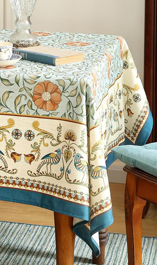 patdrea Designer French Linen Blue Tablecloth for Rectangle Table,Vintage Floral Table Cloth,Colorful Decoration Fall Cover Kitchen Dining for Thanksgiving,Christmas,55"x71"-Wensel
