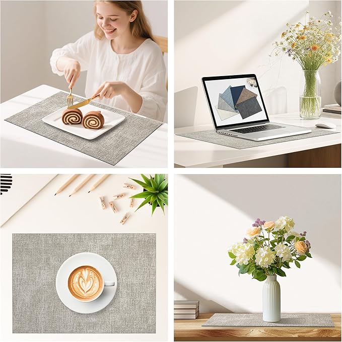 DOLOPL Placemats Set of 6, Reversible Wipeable & Heat Resistant Place Mats, Modern Faux Leather Table Mats for Kitchen, Neutral Waterproof Tablemats for Dining Table Decor, Wedding, Party(Grey)