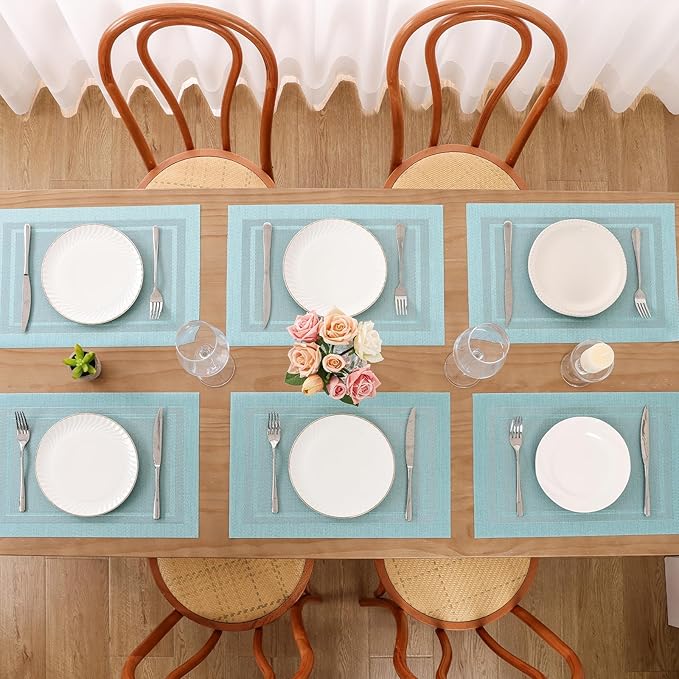 SHACOS Woven Vinyl Placemats Set of 6 Wipe Clean Place Mats for Dining Table Heat Resistant PVC Weave Table Mats Indoor Outdoor (6, Frame Light Turquoise)