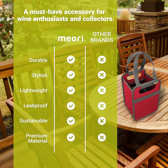 Meori Collapsible Drink Tote Bag, 4 Bottle Bag, Tear-Resistant Reusable Drink Carrier, Foldable Portable Carrier, Gift for Wine Lovers, Hibiscus Red