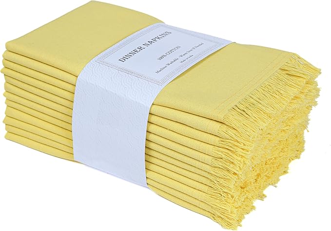 Bedding Craft Cotton Cloth Dinner Napkins Set of 12 – 18x18 Golden Kiwi Yellow with Fringed Corners – Machine Washable Fabric Napkins for Weddings, Baby Showers & Everyday Dining