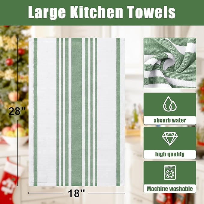 Homaxy Premium Kitchen Towels 18”x 28”, Large Cotton 380 GSM Kitchen Hand Towels, Stripe and Terry Dish Towel, Highly Absorbent Tea Towel Set with Hanging Loop, 8 Pack, Grass Green