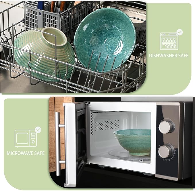 NUTRIUPS 8 Inch Ceramic Ramen Bowl Set of 2 Pho Bowls 40oz Japanese Noodle Udon Soup Bowls with Spoons and Chopsticks (Ice Crack Green)