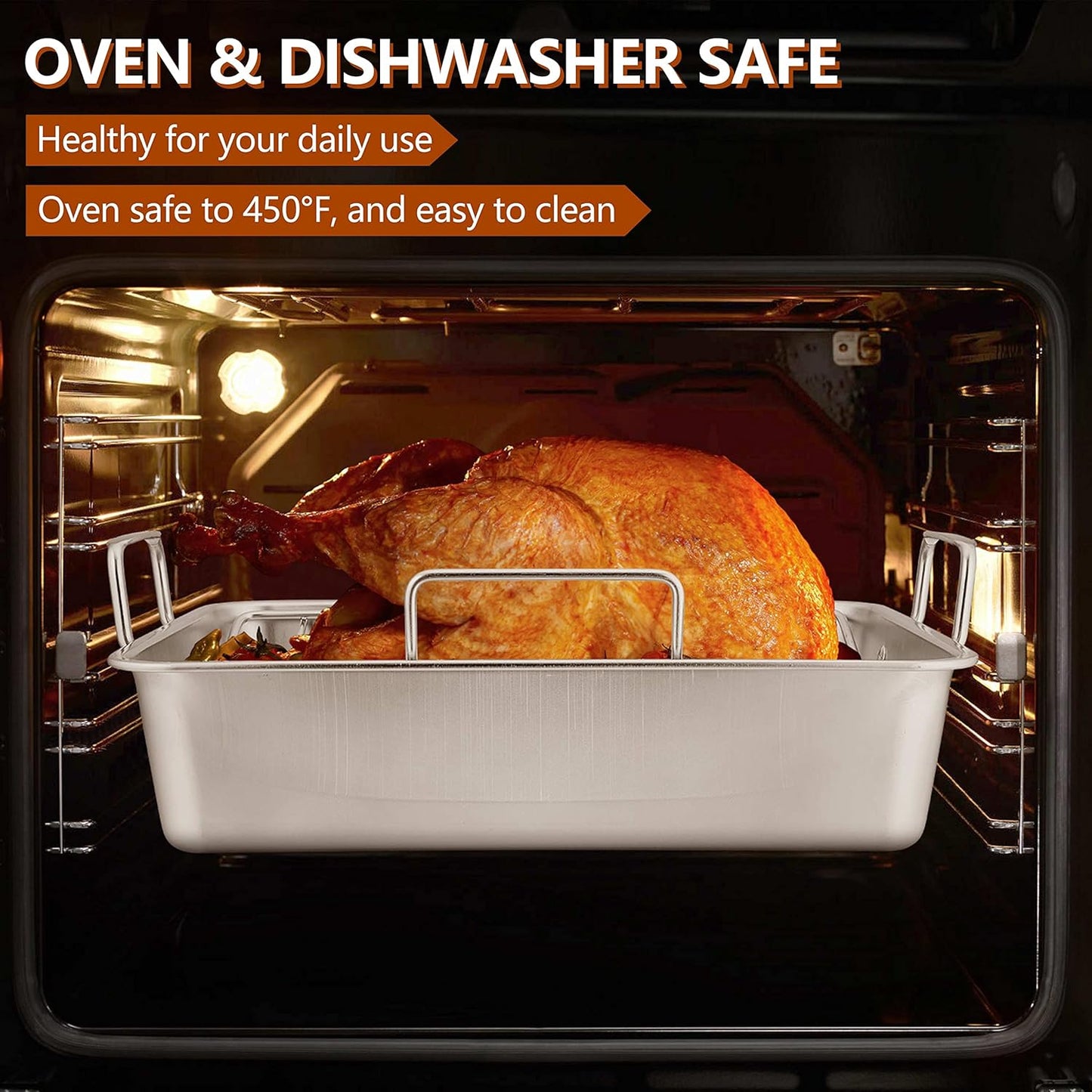 Herogo Roasting Pan with Flat Rack & V-shaped Rack Set, 16 x 11.5 Inch Stainless Steel Turkey Roaster Pan for Thanksgiving Christmas, Dishwasher Safe - Large