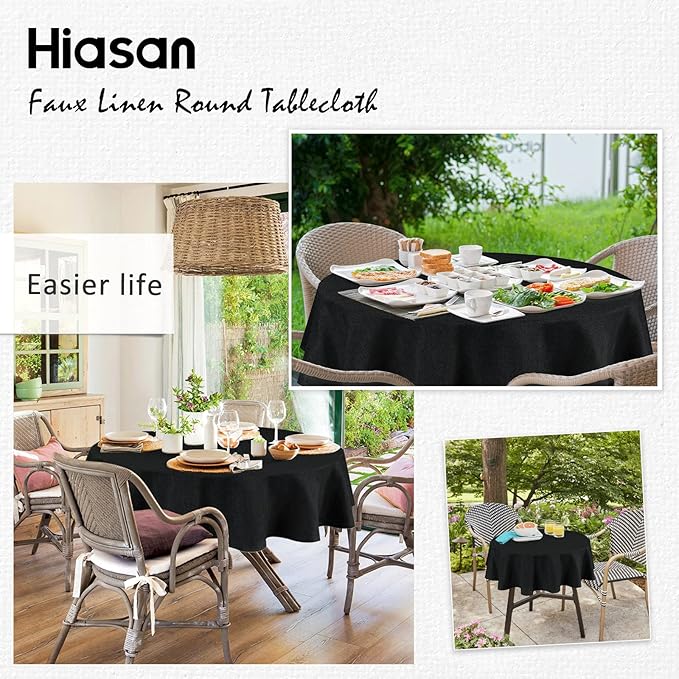 Hiasan Round Linen Tablecloth 50 Inch - Wrinkle and Stain Resistant Washable Polyester Fabric Table Cloth for Dining Room Kitchen Party, Black