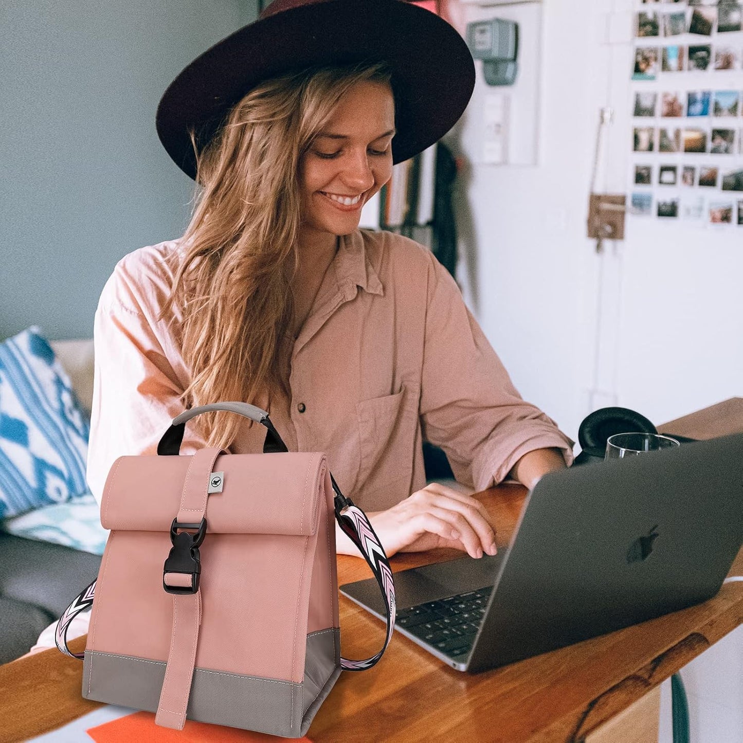 SUNNY BIRD Insulated Lunch Bag Pink Lunch Box Small Cooler Bag for Women, Girls, Adults and Teens (Pink with pink shoulder strap)