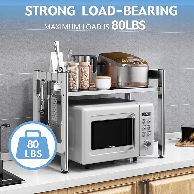 Extendable Microwave Oven Rack,Adjustable Microwave Stand Kitchen Counter Shelf Kitchen Utensils Storage, Stainless Steel 2-Tier Over Microwave Shelf Countertop Organizing Rack with 4 Hooks(S)