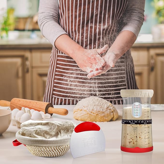 Sourdough Starter Kit,Gift for Bakers Sourdough Bread Baking Supplies,34oz Starter Jar, 2 Cotton Rope Proofing Baskets & More for Sourdough Starter Bread Making Baking Fermentation