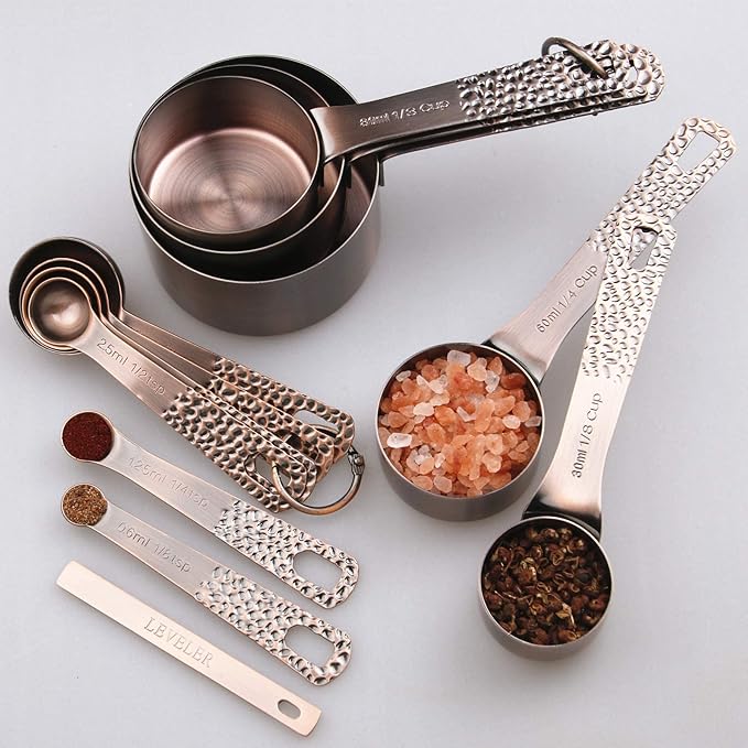 Measuring Cups and Spoons Set 12, Metric & US Copper Measuring Cups and Spoons set for Dry & Liquid, Stainless Steel 5 Measure Cup and 6 Measurf Spoon with 1 Leveler