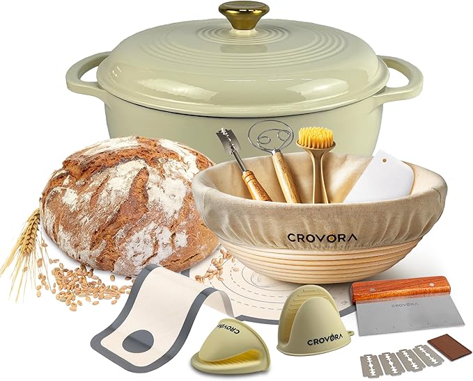 6 QT Enameled Cast Iron Dutch Oven for Bread Baking with Lid - Incl. Sourdough Bread Baking Supplies like Banneton Bread Proofing Basket, Cast Iron Bread Oven, Bread Pan, bread making tools (Cream White, 6 Quart)