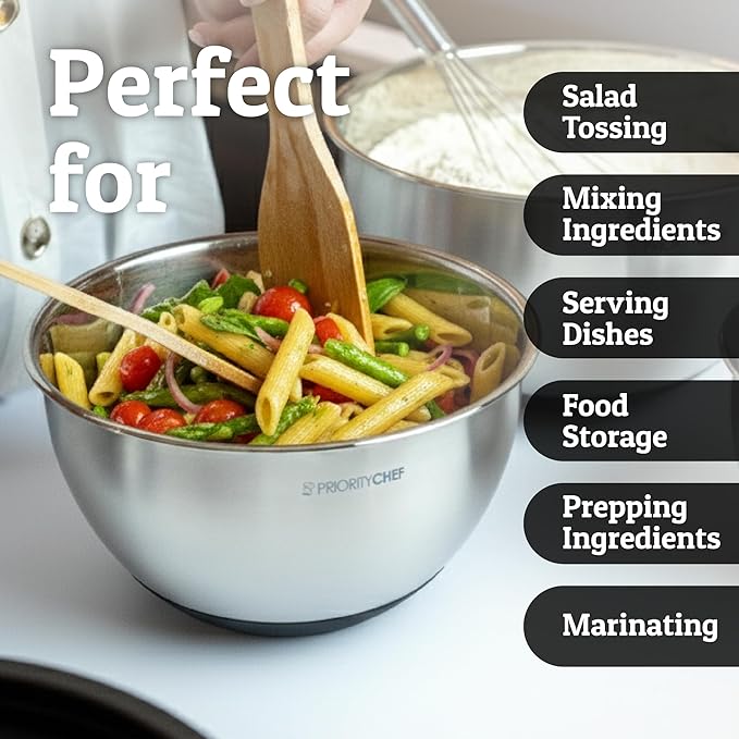 Priority Chef Stainless Steel Mixing Bowls with Lids Set, Metal Nesting Bowls with Airtight Lids, Graters, Non-Slip Base & Measurement Marks, Includes Utensil Set for Prep, Baking & Storage, Black