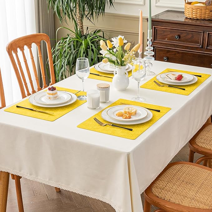 Romanstile Vinyl Placemats Set of 4-12 X 18 Inch - Heat Resistant Place Mats 100% Waterproof Oilproof Wipeable Reversible Faux Leather Table Mats for Kitchen/Dining/Party/Outdoor, Yellow