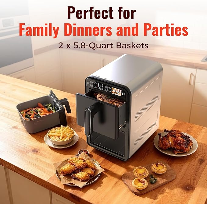 11.6QT Dual Basket Air Fryer Oven, Vertical 2-Basket Design, 6-in-1 Presets Function with Digital Touchscreen, Sync & Match, Easy to Clean, Dishwasher Safe, Family Meals