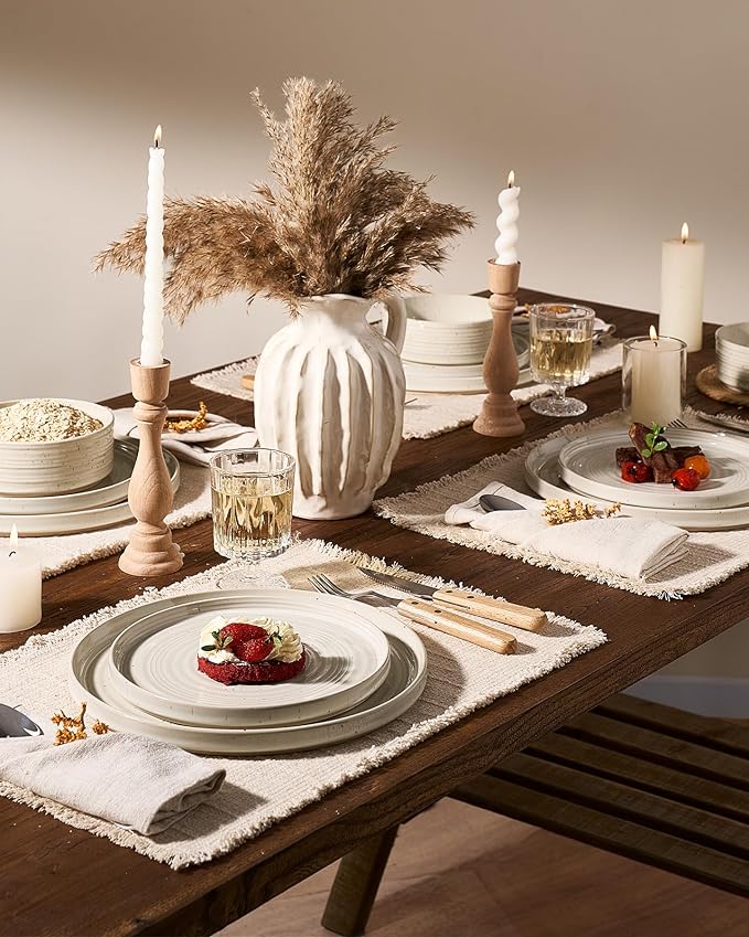 Stoneware Dinnerware Sets, Dish Set for 6, 18 Pieces Spiral Dishware Set with Straight Rim, Speckles & Reactive Glaze - Microwave and Dishwasher Safe Tableware, Shell Beige