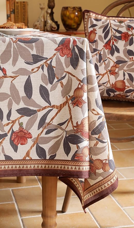 patdrea Designer Small Brown Tablecloth for Square Tables,Framhouse Linen Pomegranates Leaves Pattern Linen Tablecloth,Fall Fruits Table Cover Cloth Decor for Kitchen Dining Christmas,55"*55"