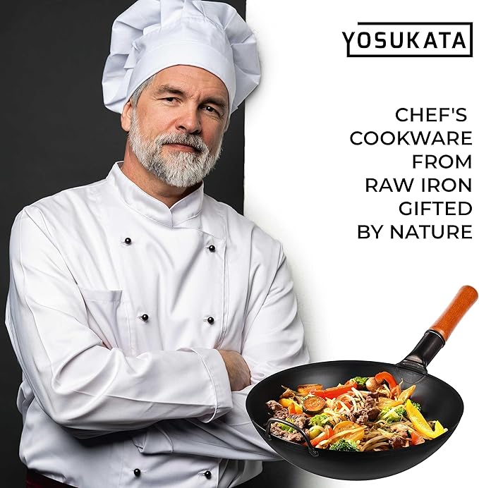 YOSUKATA 13.5" Carbon Steel Wok Pan – Pre-Seasoned Flat Bottom Pow Wok for Stir Fry, BBQ, Grill & Camping – Traditional Japanese Chinese Cookware – Compatible with Induction, Electric, Gas, Open Fire