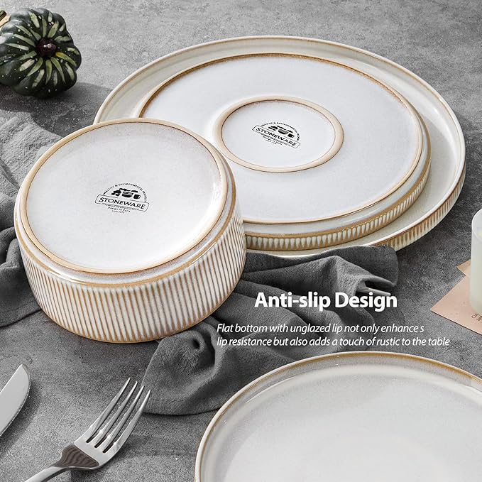 LIANYU Stoneware Dinnerware Sets with Pasta Bowls, 16 Piece Plates and Bowls Dishes Set for 4, Ribbed Dining Ware Dishware for Home, Microwave and Dishwasher Safe, Dawn Beige