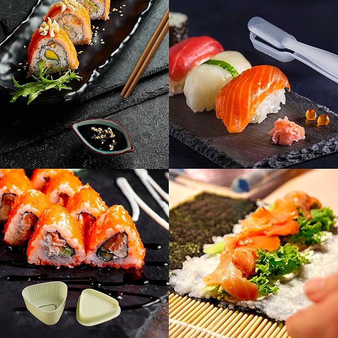 Sushi Making Kit, Pro Sushi Maker Bazooker Roller Kit with Guide Includes Bamboo Mat, Cutting Mold, Sushi Knife, Onigiri Mold, Chopsticks, Sauce Dishes, Rice Spreader&More All You Need DIY Sushi Gift