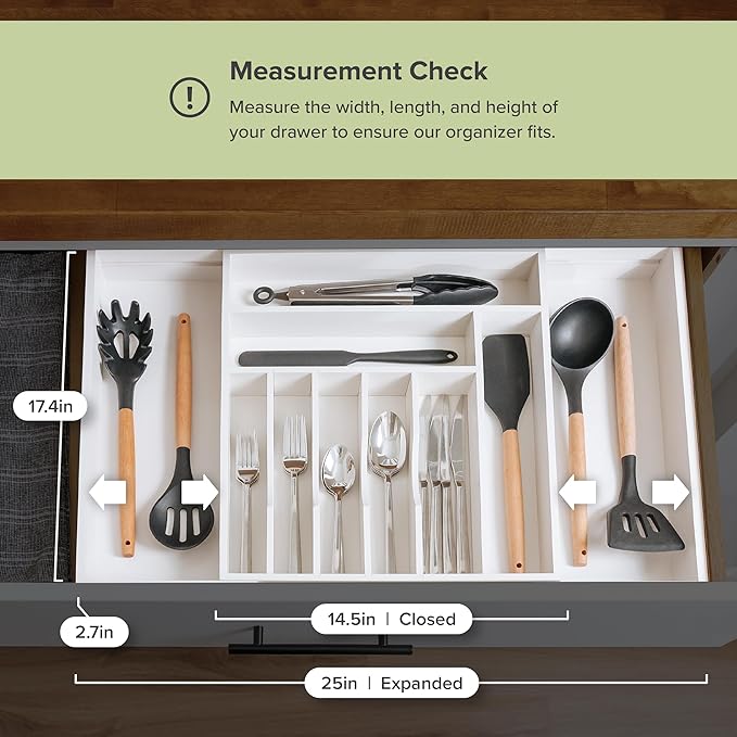 KitchenEdge Premium Silverware, Flatware and Utensil Organizer for Kitchen Drawers, Food-Safe Contract Grade, Expandable from 14.5 to 25 In, White Bamboo